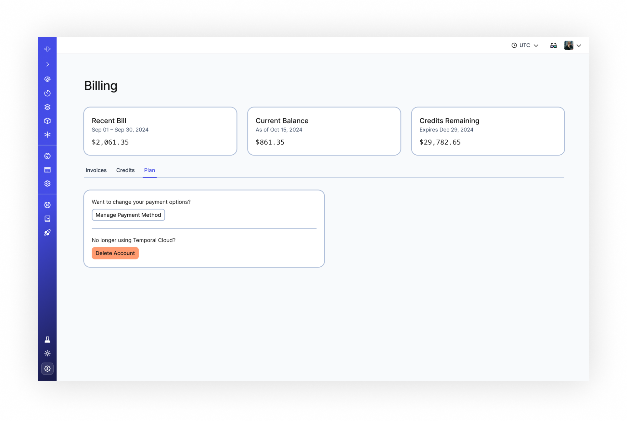 Billing page showing the Plan tab. The contents on the tab include &quot;Manage Payment Method&quot; and &quot;Delete Account&quot; buttons. The &quot;Delete Account&quot; button is placed below text asking &quot;No longer using Temporal Cloud?&quot;